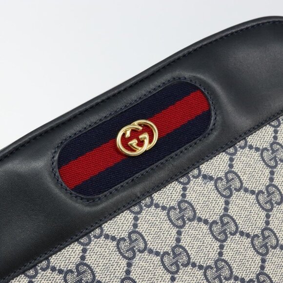 Authentic GUCCI GG Supreme Sherry Line Shoulder Bag PVC Navy Gold - Picture 6 of 16